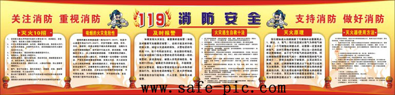 “119”消防安全宣传栏 关注消防 重视消防 支持消防 做好消防